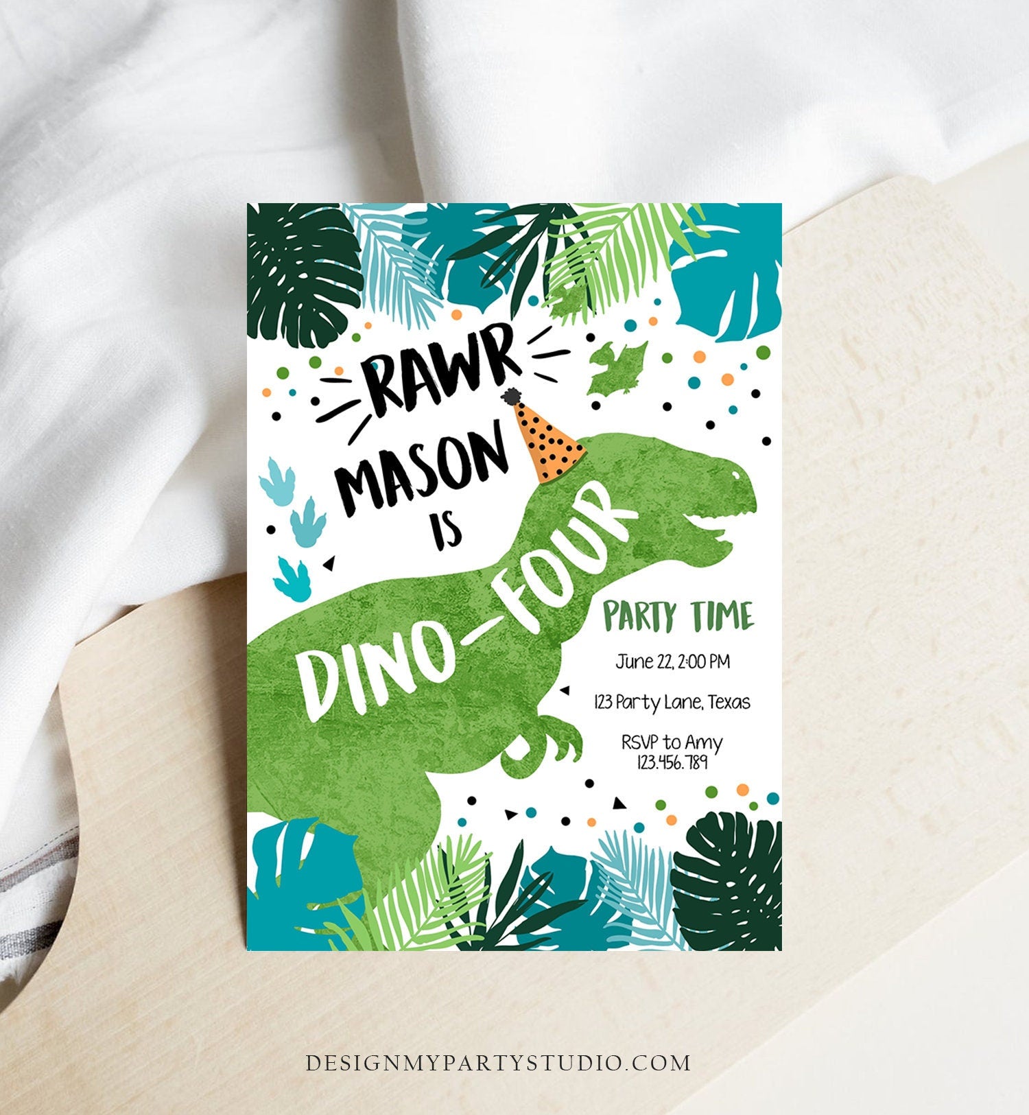 Editable Dino-Four Dinosaur Birthday Invitation Dino T-Rex 4th Birthday Fourth Rawr Boy Green Blue Prehistoric Printable Corjl Template 0389