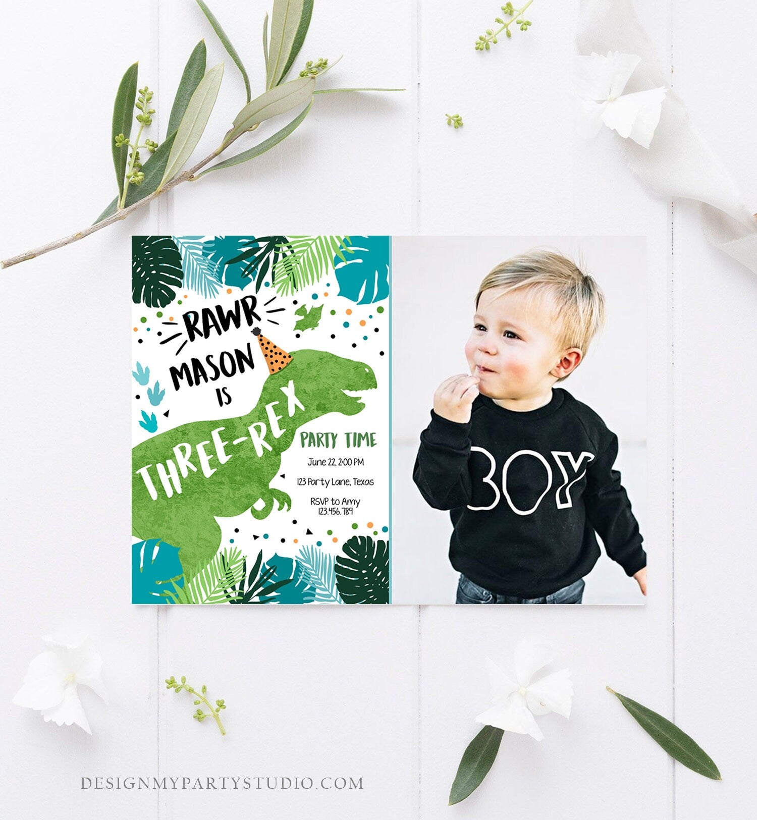 Editable Three-Rex Dinosaur Birthday Invitation Dino T-Rex Third Birthday 3rd Rawr Boy Green Blue Prehistoric Evite Template Printable 0389