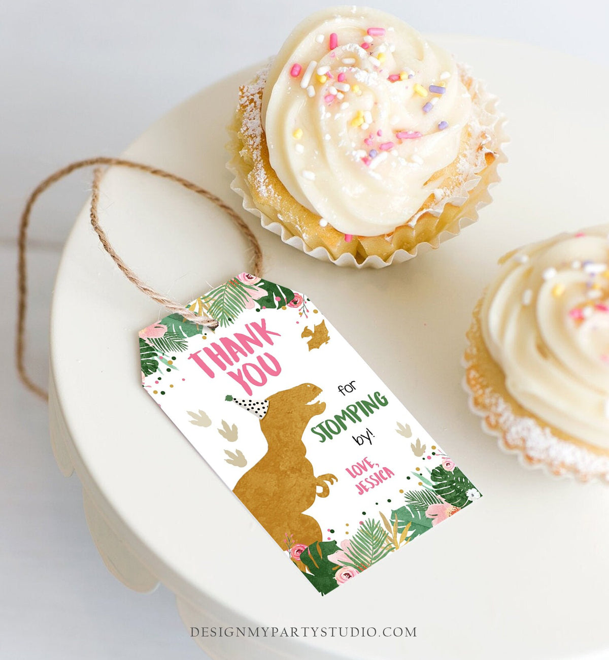 Editable Dinosaur Favor Tags Gift Tag Girl Pink Gold Thank You for Stomping By Tag Birthday Dino Party T-Rex Digital Template Printable 0146