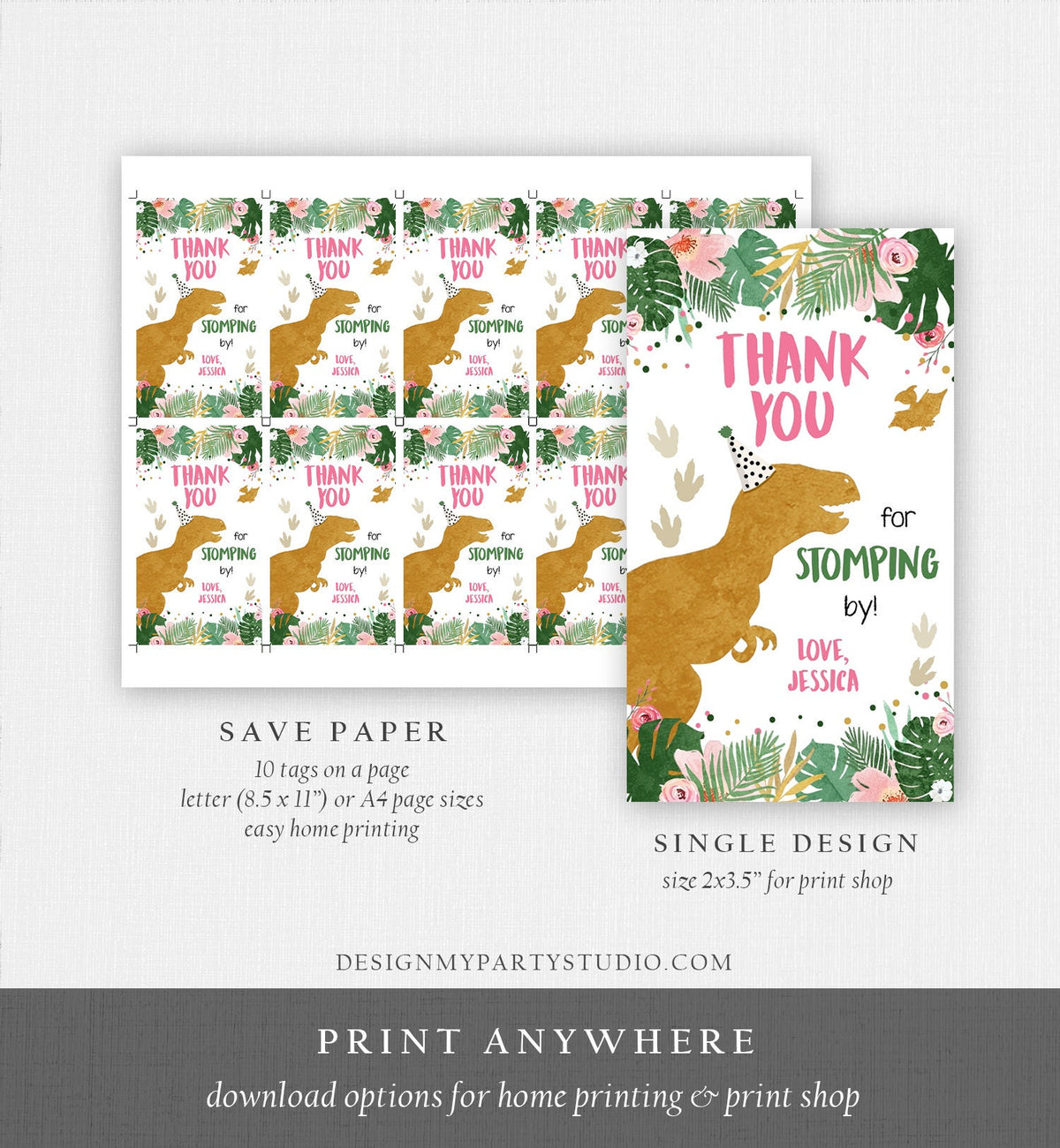 Editable Dinosaur Favor Tags Gift Tag Girl Pink Gold Thank You for Stomping By Tag Birthday Dino Party T-Rex Digital Template Printable 0146