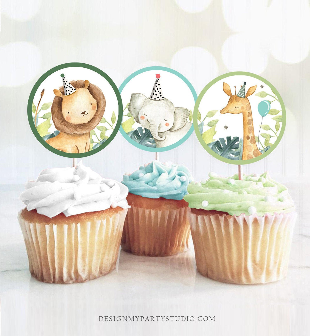Safari Animals Cupcake Toppers Favor Tags Birthday Party Decoration Boy Animal Wild One Stickers Jungle Watercolor Digital Printable 0163
