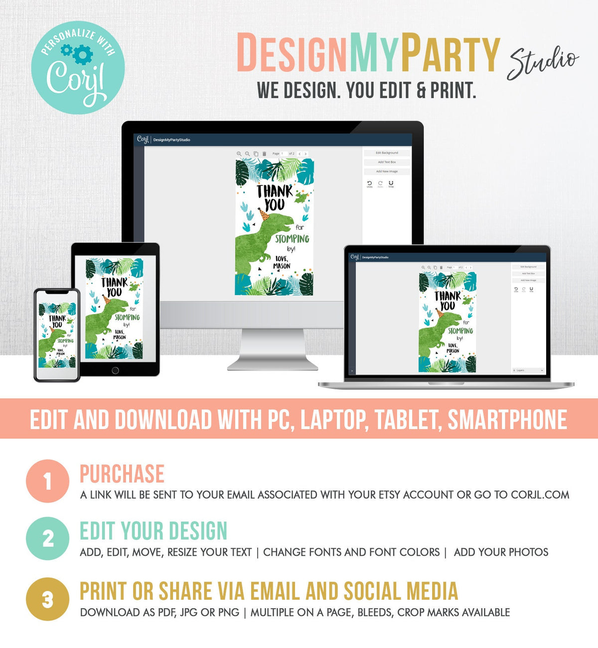 Editable Dinosaur Birthday Favor Tags Gift Tag Boy Green Blue Three Rex Thank You Stomping By Dino Party T-Rex Corjl Template Printable 0389