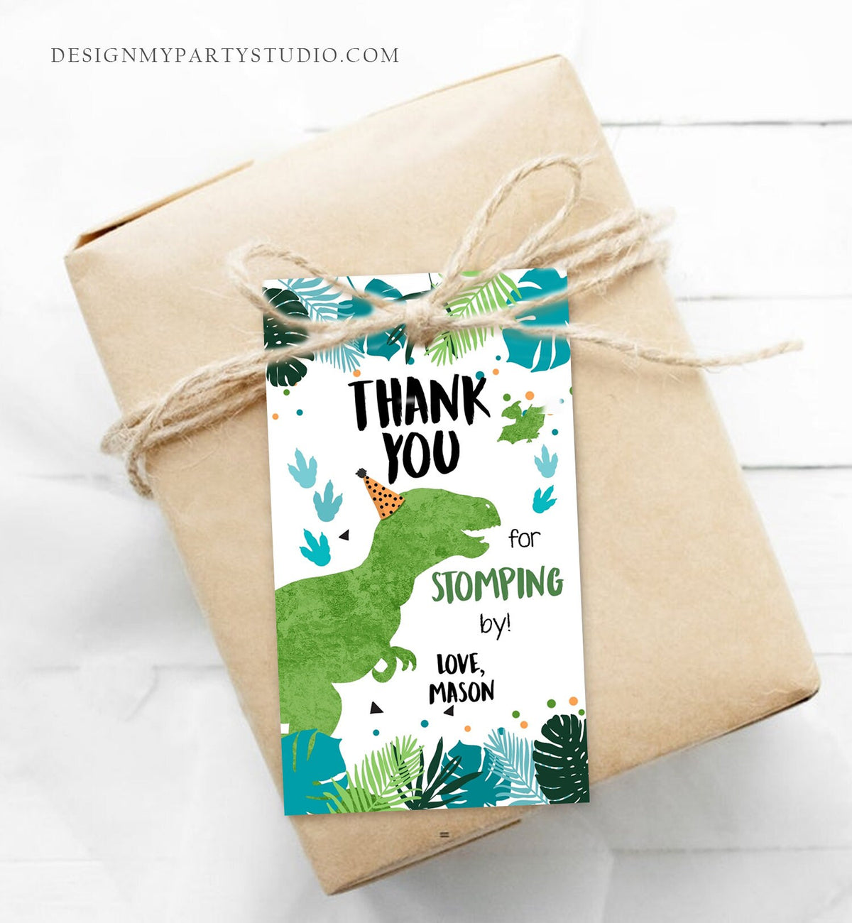 Editable Dinosaur Birthday Favor Tags Gift Tag Boy Green Blue Three Rex Thank You Stomping By Dino Party T-Rex Corjl Template Printable 0389