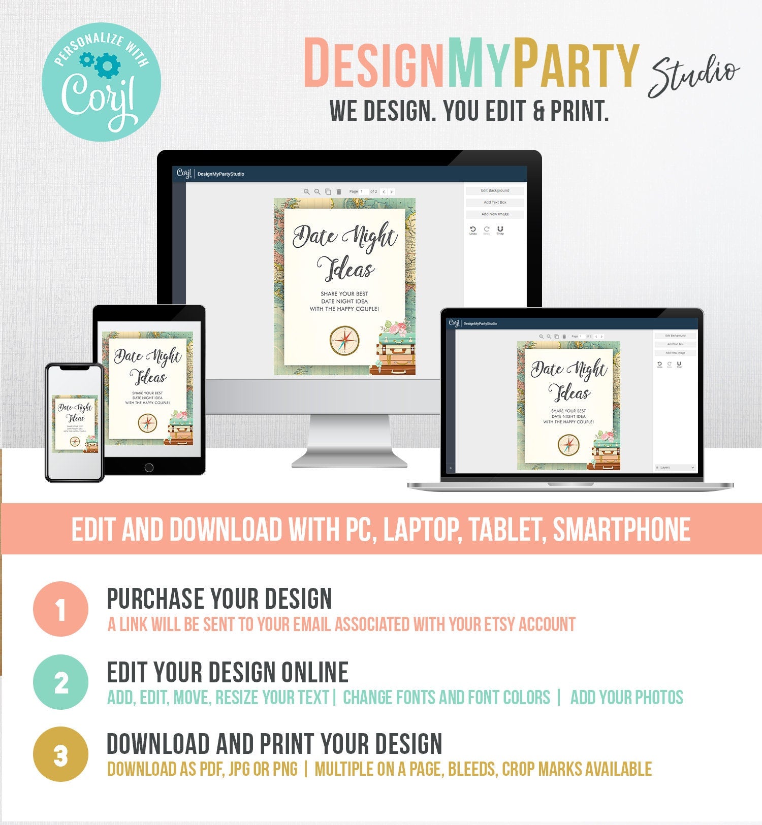 Editable Date Night Ideas Bridal Shower Game Travel Adventure Floral Greenery Gold Date Jar Sign Digital Download Template Printable 0044