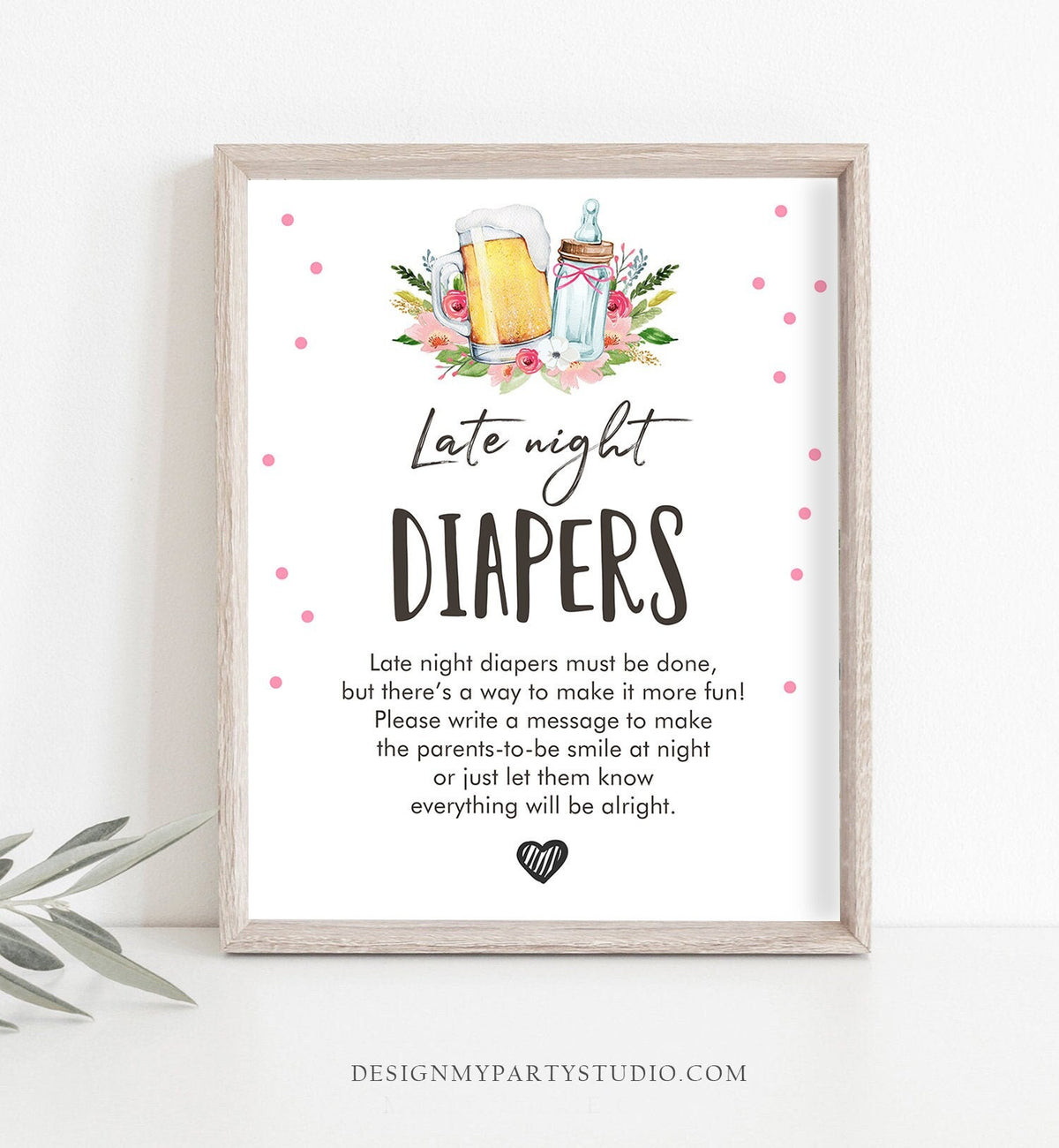 Late Night Diapers Sign Baby is Brewing Baby Shower Sign Pink Bottles and Beers Greenery Baby Shower Game Diaper Thoughts Printable 0190