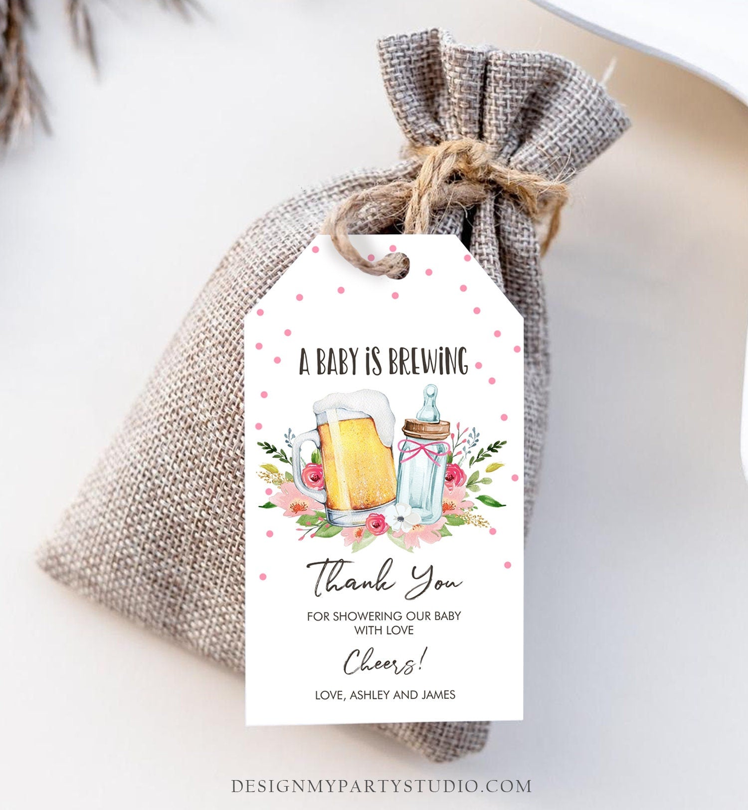 Editable A Baby is Brewing Baby Shower Favor Tags Beer Baby Shower Thank You Tags Label Pink Girl Tags Gift Template Corjl Printable 0190