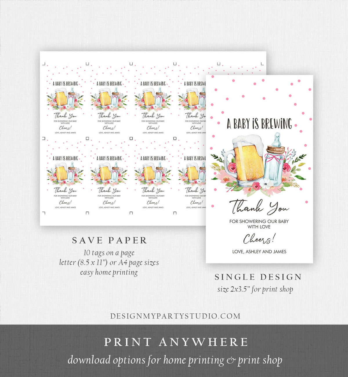 Editable A Baby is Brewing Baby Shower Favor Tags Beer Baby Shower Thank You Tags Label Pink Girl Tags Gift Template Corjl Printable 0190