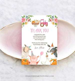 Editable Farm Animals Thank You Card Pumpkin Pink Gingham Farm Birthday Girl Barnyard Thank You Fall Autumn Corjl Template Printable 0155