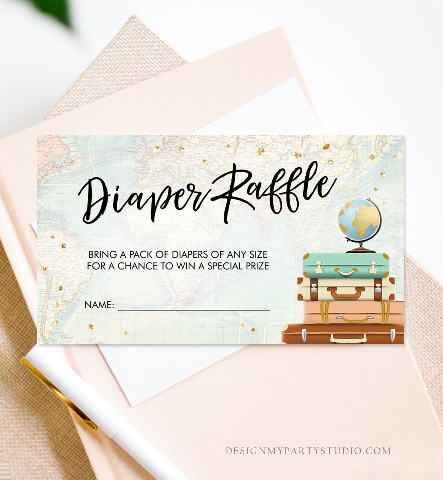 Editable Travel Diaper Raffle Ticket Baby Shower Diaper Game Journey Travel Adventure Begins Suitcases Globe Corjl Template Printable 0263