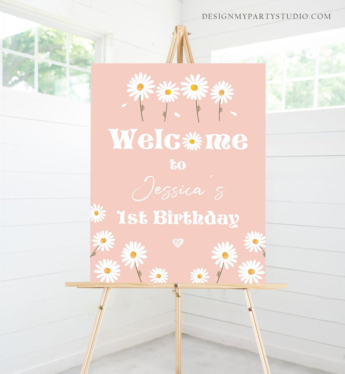 Editable Daisy Birthday Welcome Sign Floral Boho Birthday Welcome Sign Daisies Wildflower Birthday Girl Pink Template Corjl PRINTABLE 0410