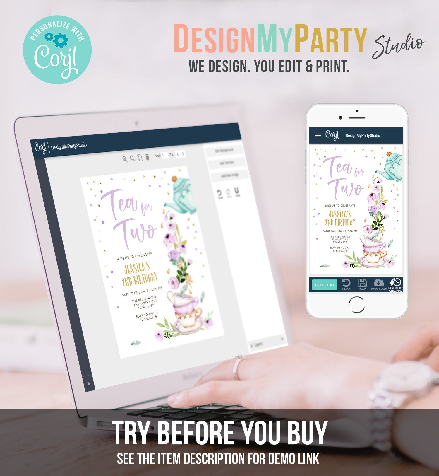 Editable Tea for Two Birthday Invitation Girl Tea Party Invite Pink Purple Floral Whimsical Digital Download Evite Template Printable 0349