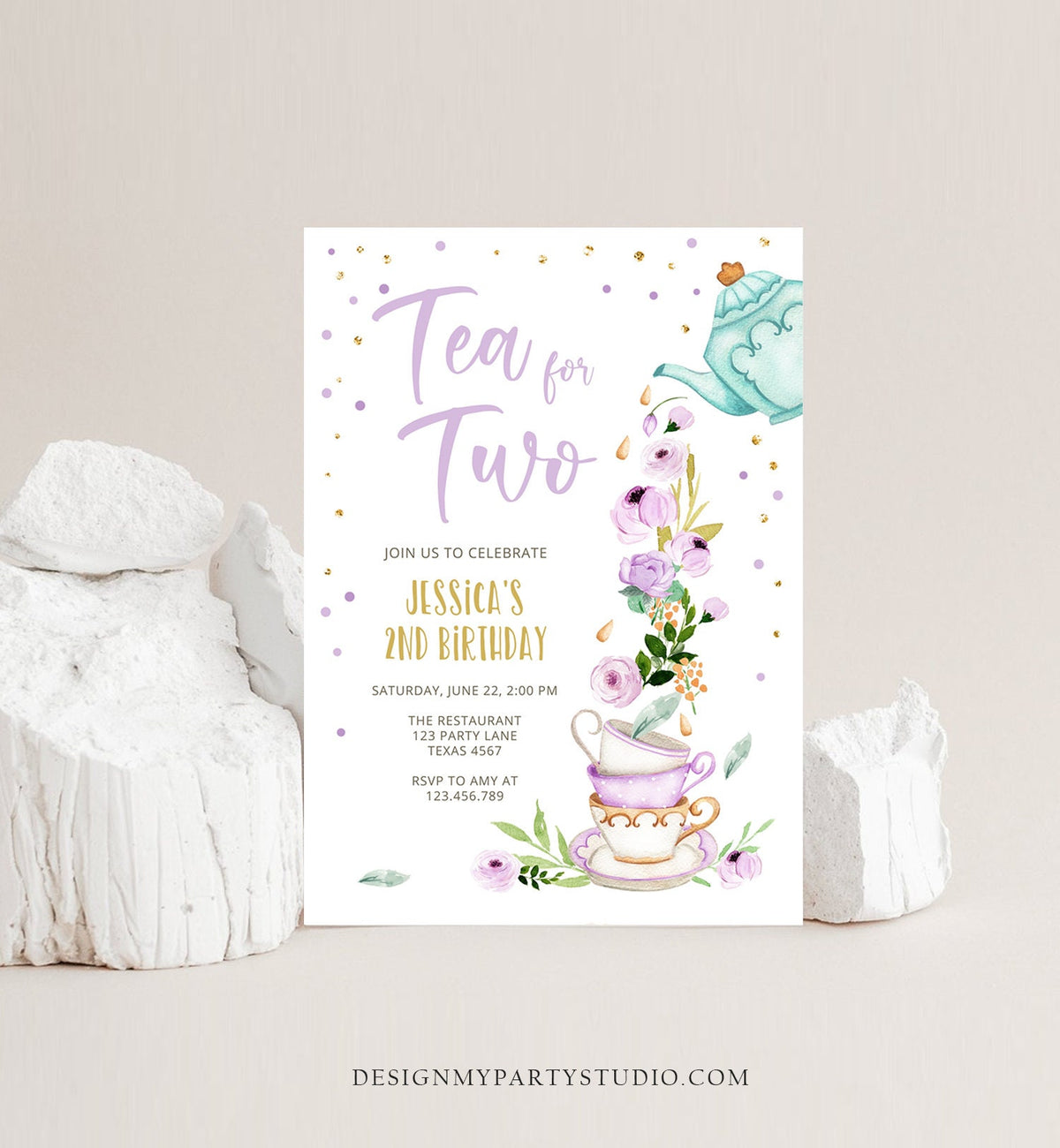 Editable Tea for Two Birthday Invitation Girl Tea Party Invite Pink Purple Floral Whimsical Digital Download Evite Template Printable 0349
