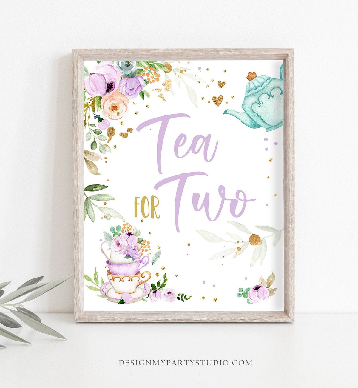 Tea for Two Party Sign Tea 2nd Birthday Sign Purple Floral Tea Birthday Decor Tea par-tea Table Sign Girl Treats Download Printable 0349