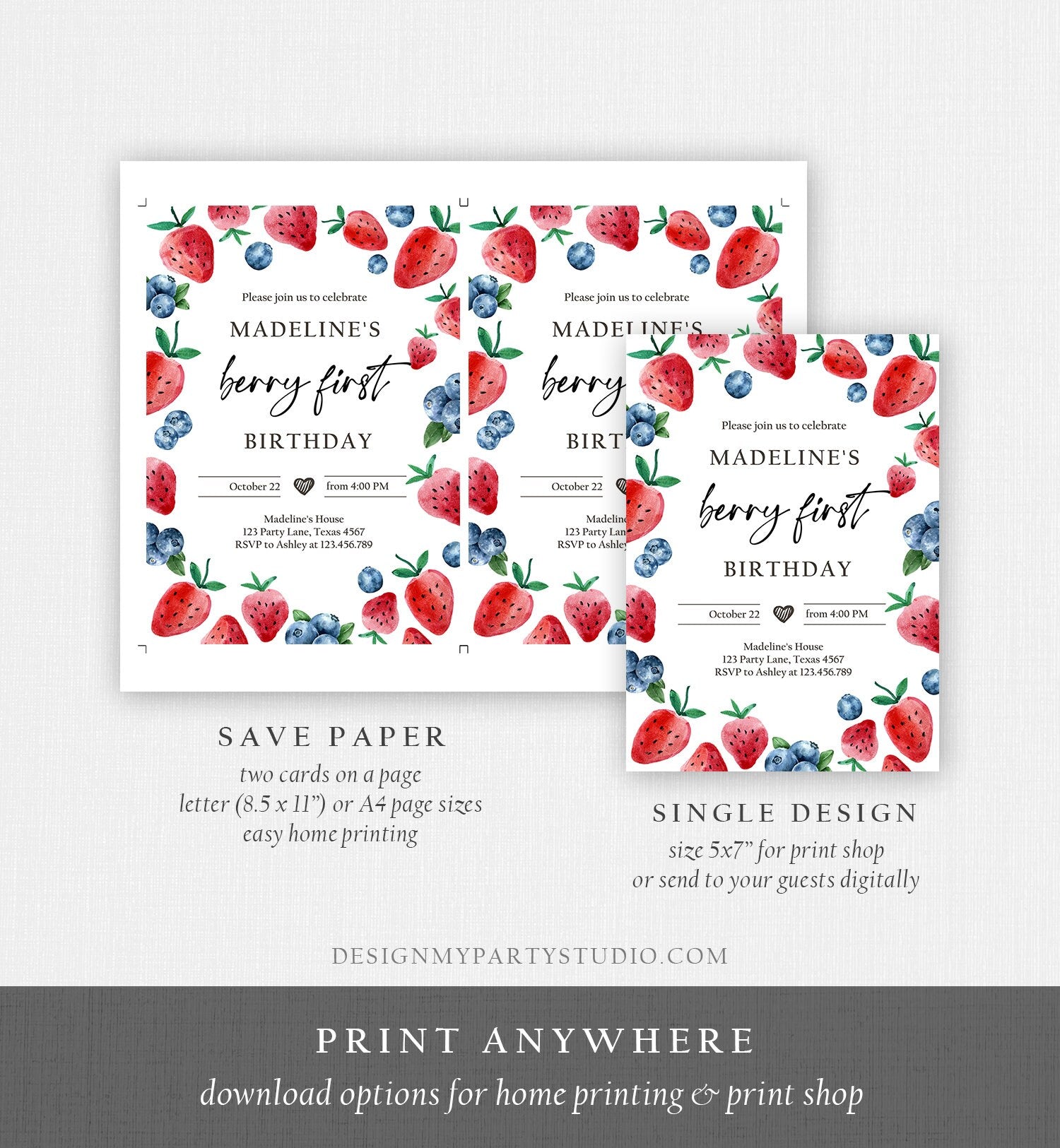 Editable Berry Sweet Birthday Invitation Blueberry Strawberry Picking Party Farmers Market Twin Digital Download Template Printable 0399