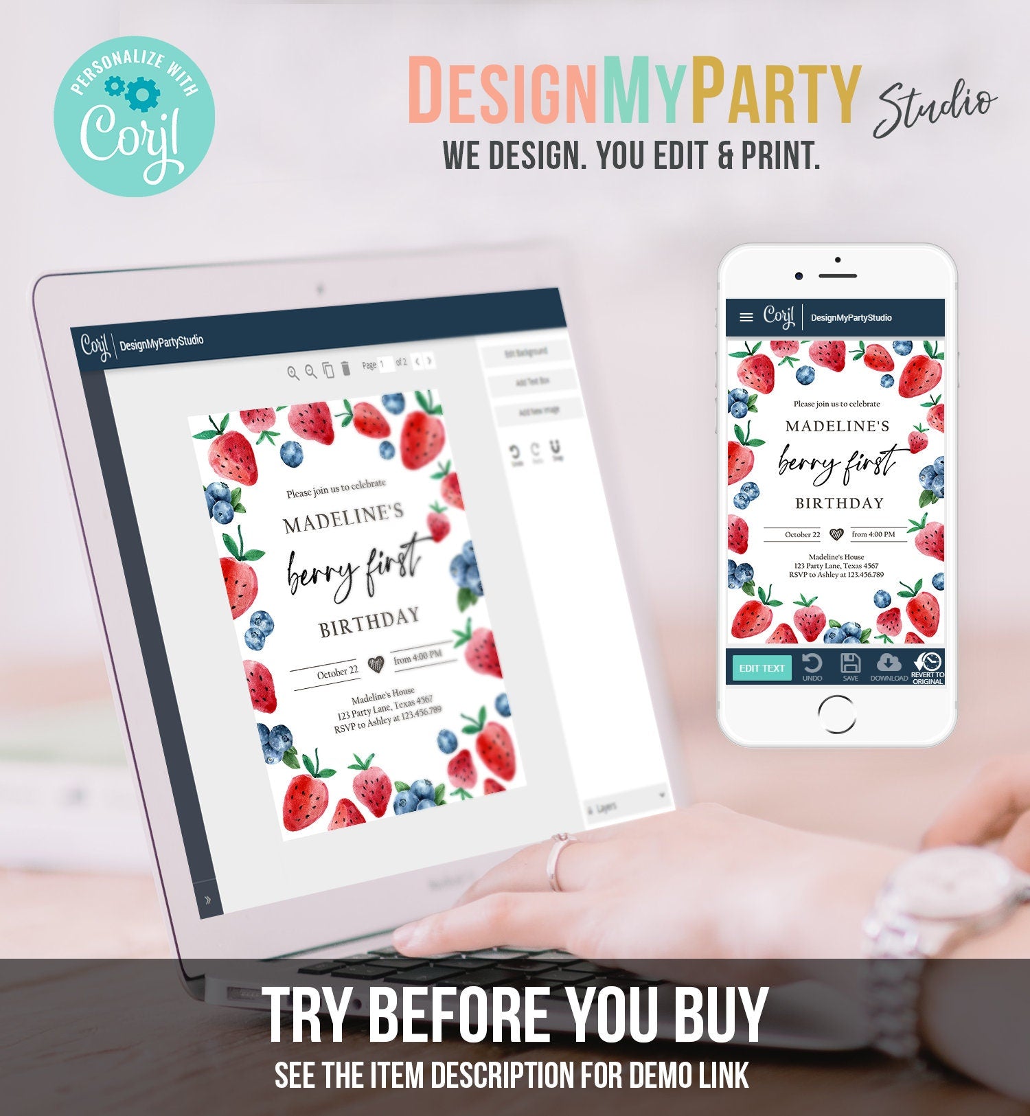 Editable Berry Sweet Birthday Invitation Blueberry Strawberry Picking Party Farmers Market Twin Digital Download Template Printable 0399