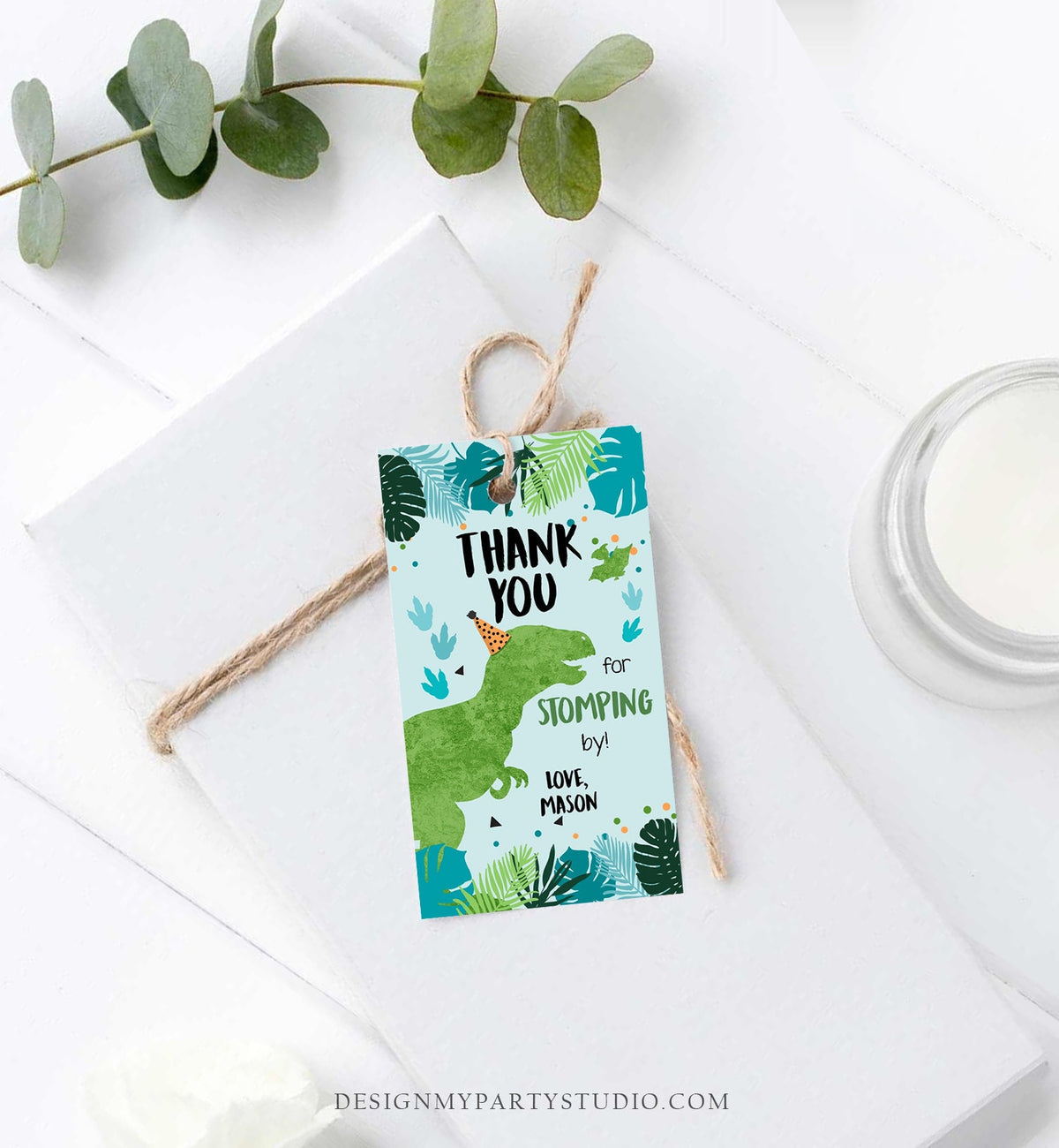 Editable Dinosaur Birthday Favor Tags Gift Tag Boy Green Blue Three Rex Thank You Stomping By Dino T-Rex Digital Template Printable 0389