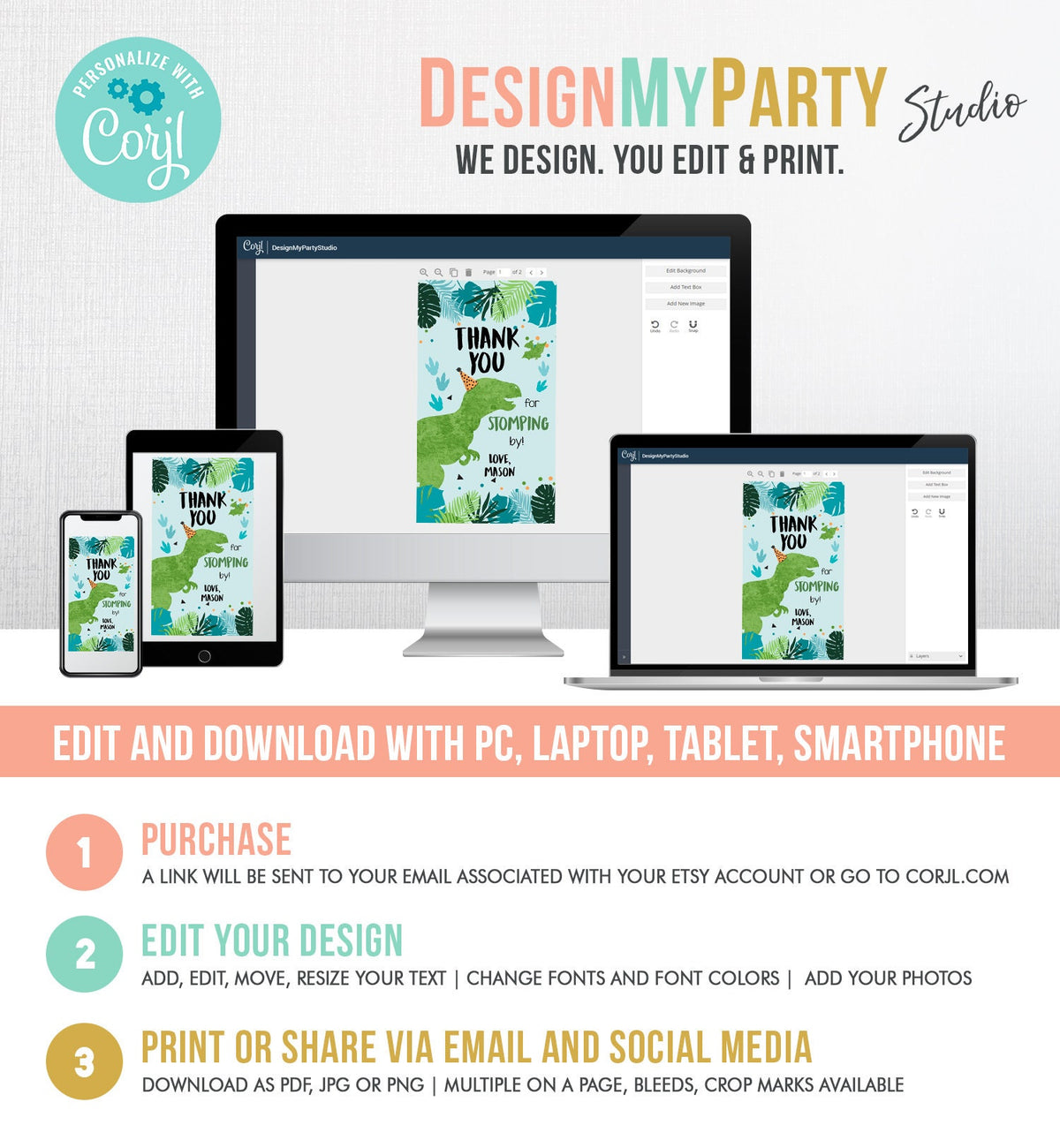 Editable Dinosaur Birthday Favor Tags Gift Tag Boy Green Blue Three Rex Thank You Stomping By Dino T-Rex Digital Template Printable 0389