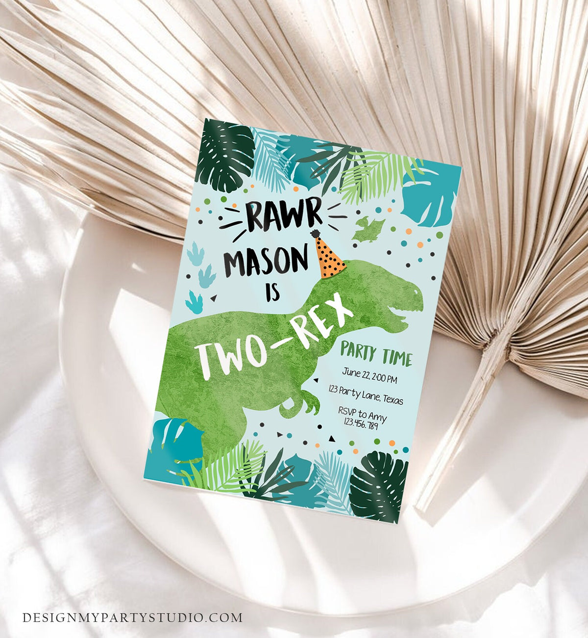 Editable Two-Rex Dinosaur Birthday Invitation Dino T-Rex Second Birthday 2nd RAWR Boy Green Blue Prehistoric Digital Template Printable 0389