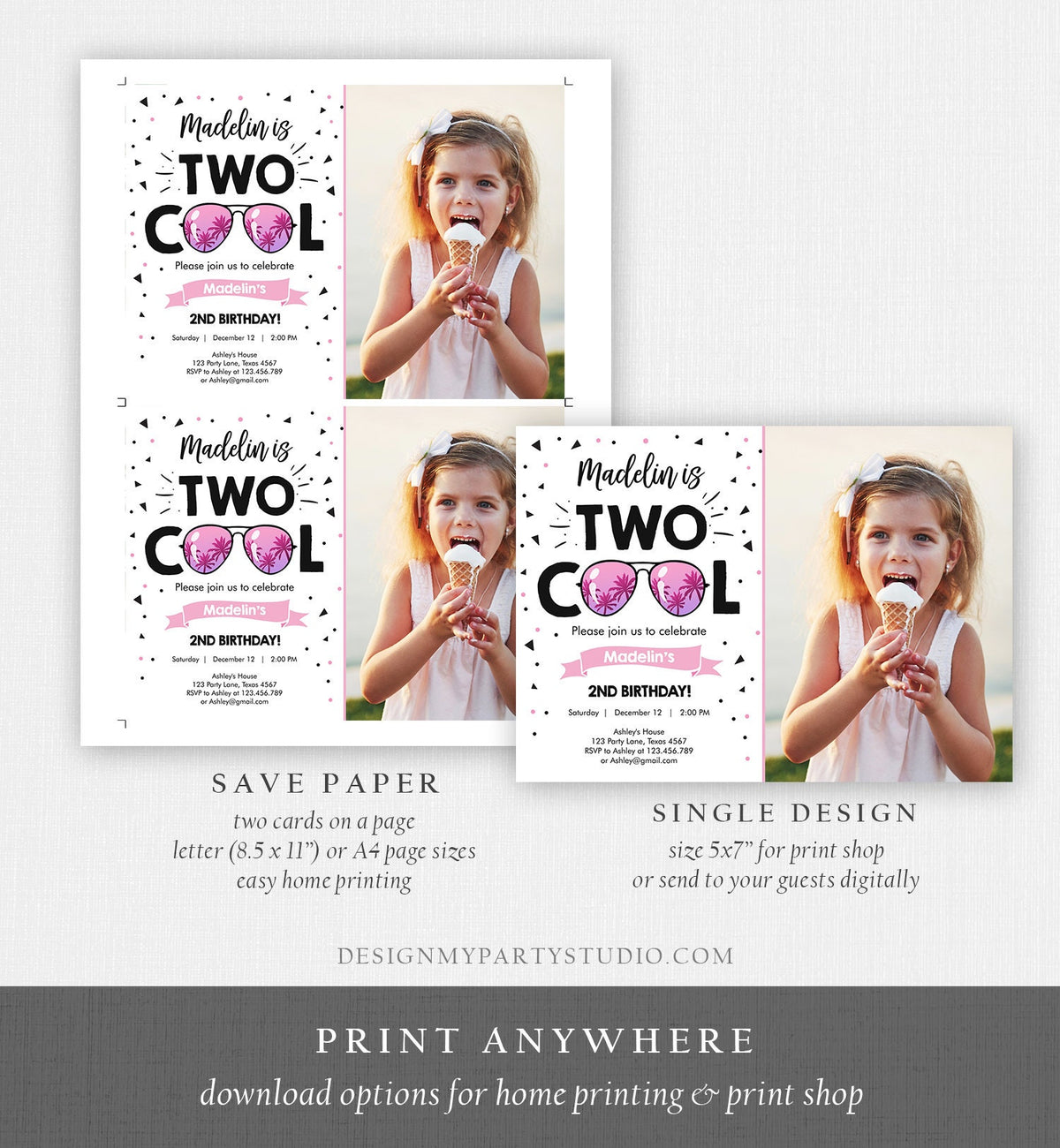 Editable Two Cool Birthday Invitation Girl Second Birthday Party 2nd I&#39;m this Many I&#39;m Two Cool Sunglasses Printable Corjl Template 0136