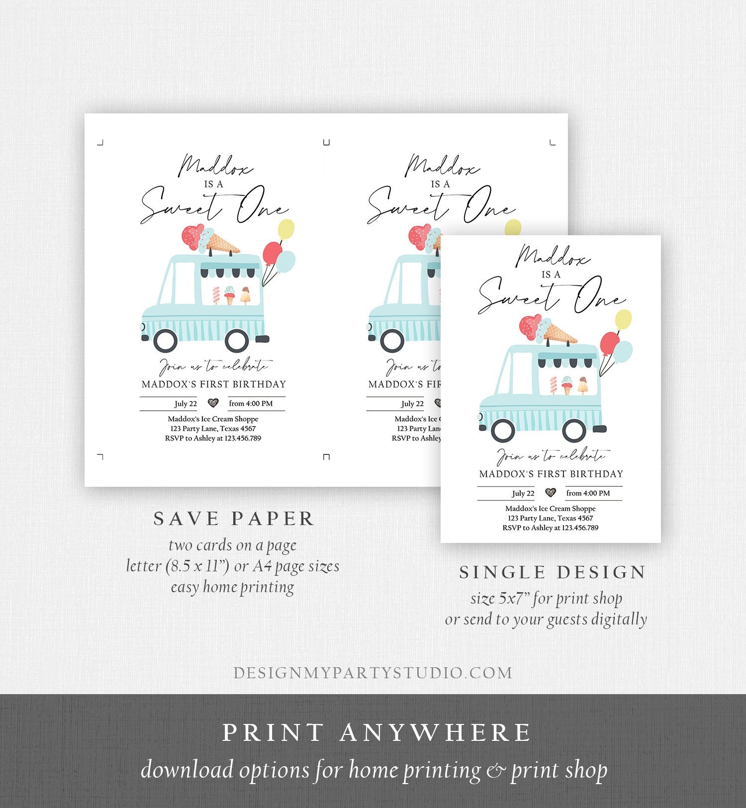 Editable Ice Cream Truck Birthday Invitation Boy Ice Cream Sweet One Modern Birthday Party First Digital Download Template Printable 0415