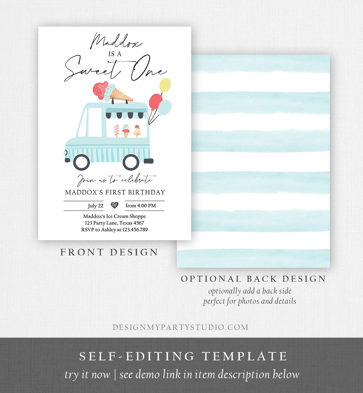 Editable Ice Cream Truck Birthday Invitation Boy Ice Cream Sweet One Modern Birthday Party First Digital Download Template Printable 0415