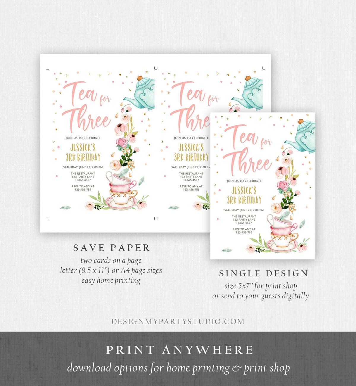 Editable Tea for Three Birthday Invitation Girl Tea Party Invite Pink Gold Floral 3rd Third Birthday Par-tea Corjl Template Printable 0349
