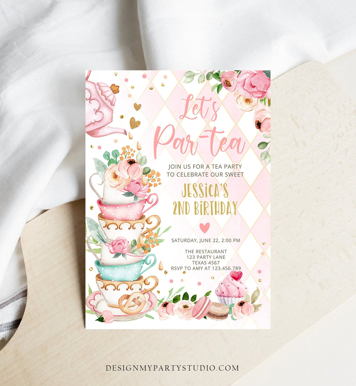 Editable Tea Party Birthday Invitation Girl Par-Tea Invite Floral Pink Gold Whimsical Tea Download Printable Template Corjl Digital 0349