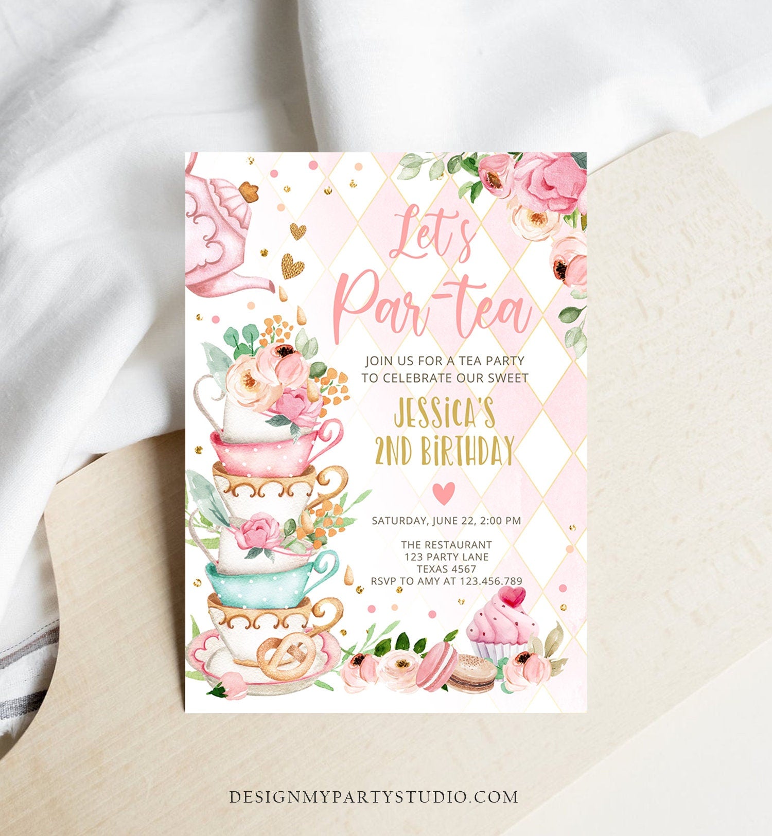 Editable Tea Party Birthday Invitation Girl Par-Tea Invite Floral Pink Gold Whimsical Tea Download Printable Template Corjl Digital 0349
