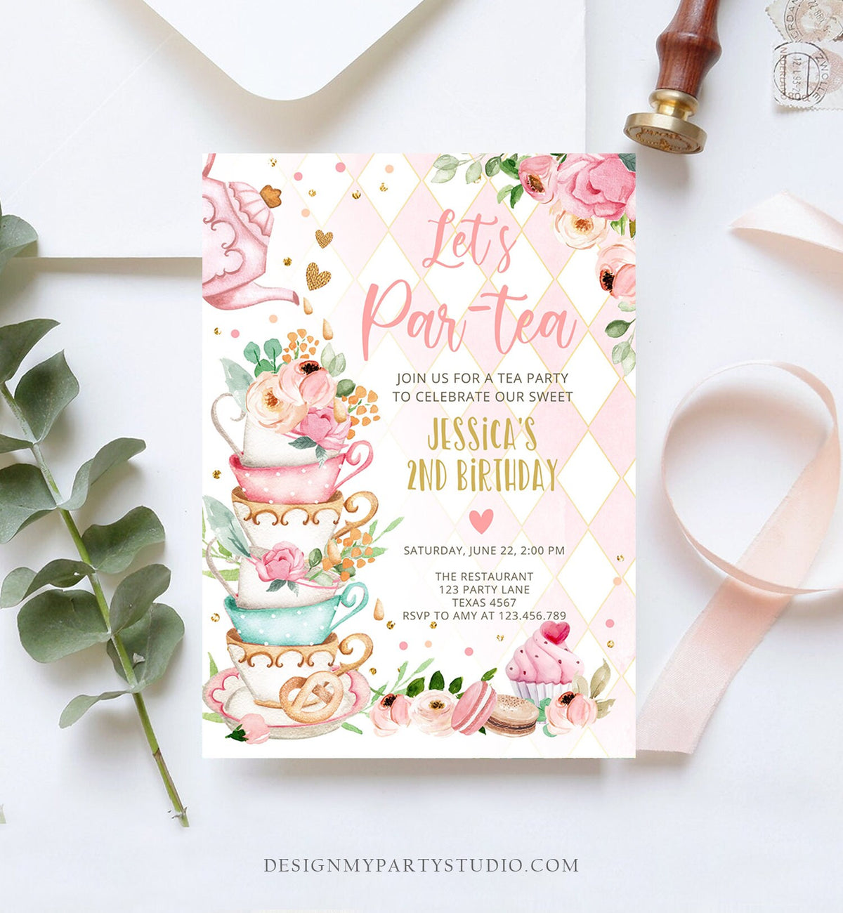 Editable Tea Party Birthday Invitation Girl Par-Tea Invite Floral Pink Gold Whimsical Tea Download Printable Template Corjl Digital 0349