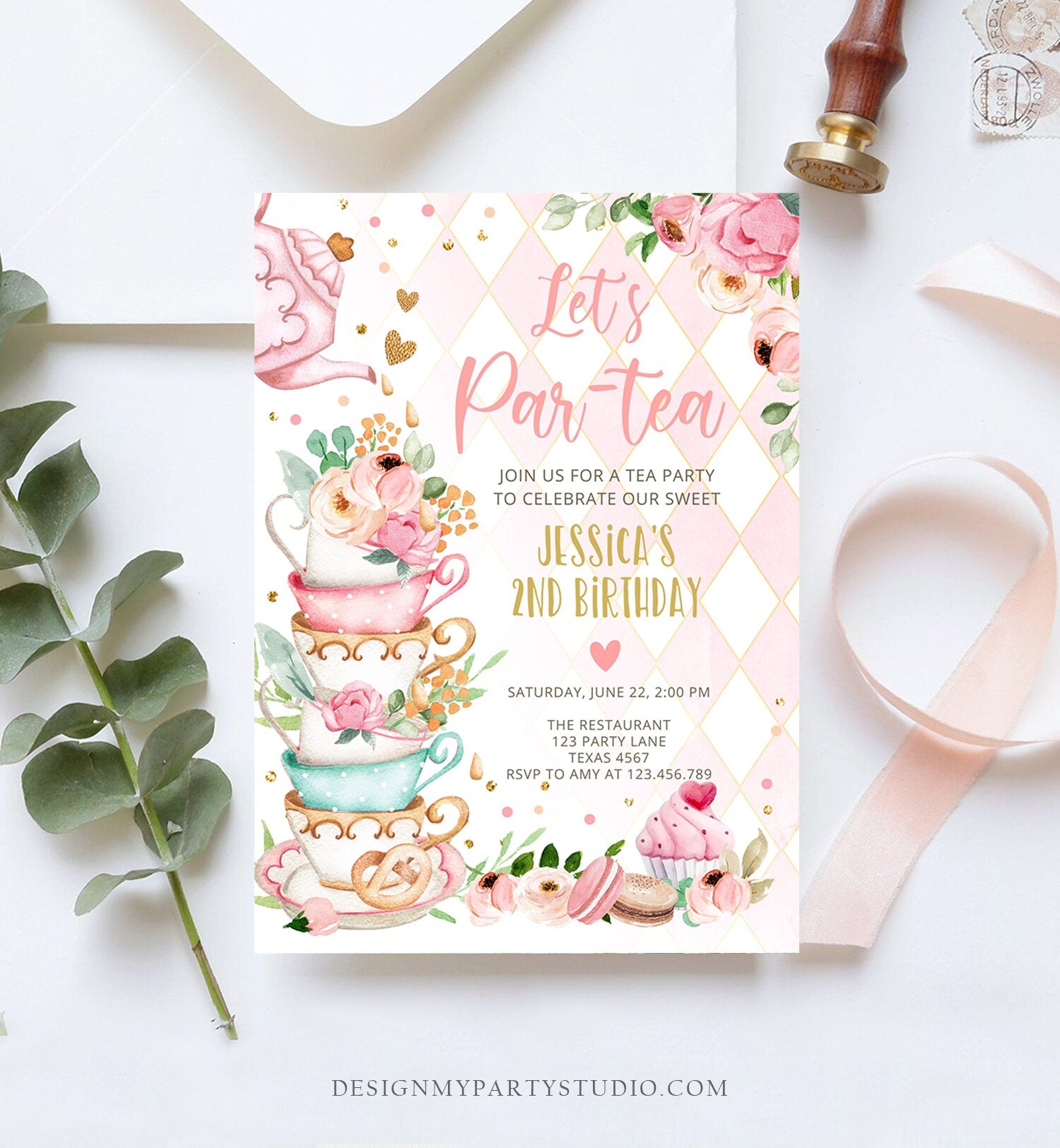 Editable Tea Party Birthday Invitation Girl Par-Tea Invite Floral Pink Gold Whimsical Tea Download Printable Template Corjl Digital 0349