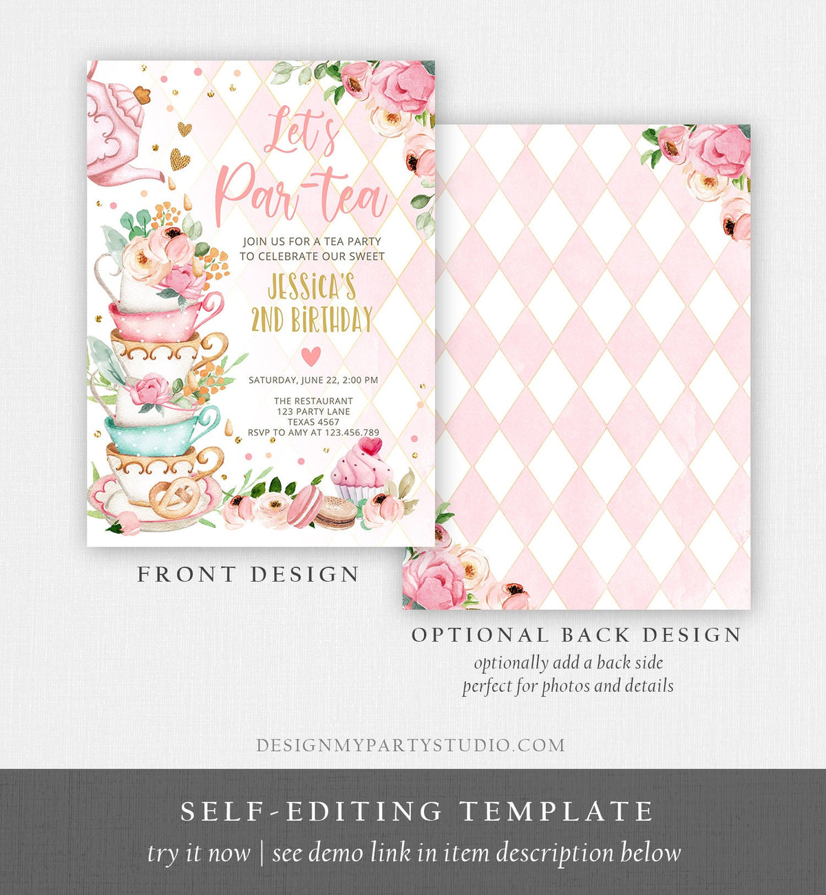 Editable Tea Party Birthday Invitation Girl Par-Tea Invite Floral Pink Gold Whimsical Tea Download Printable Template Corjl Digital 0349