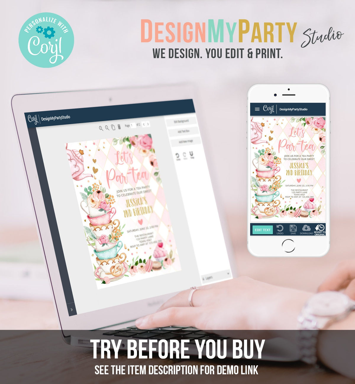 Editable Tea Party Birthday Invitation Girl Par-Tea Invite Floral Pink Gold Whimsical Tea Download Printable Template Corjl Digital 0349