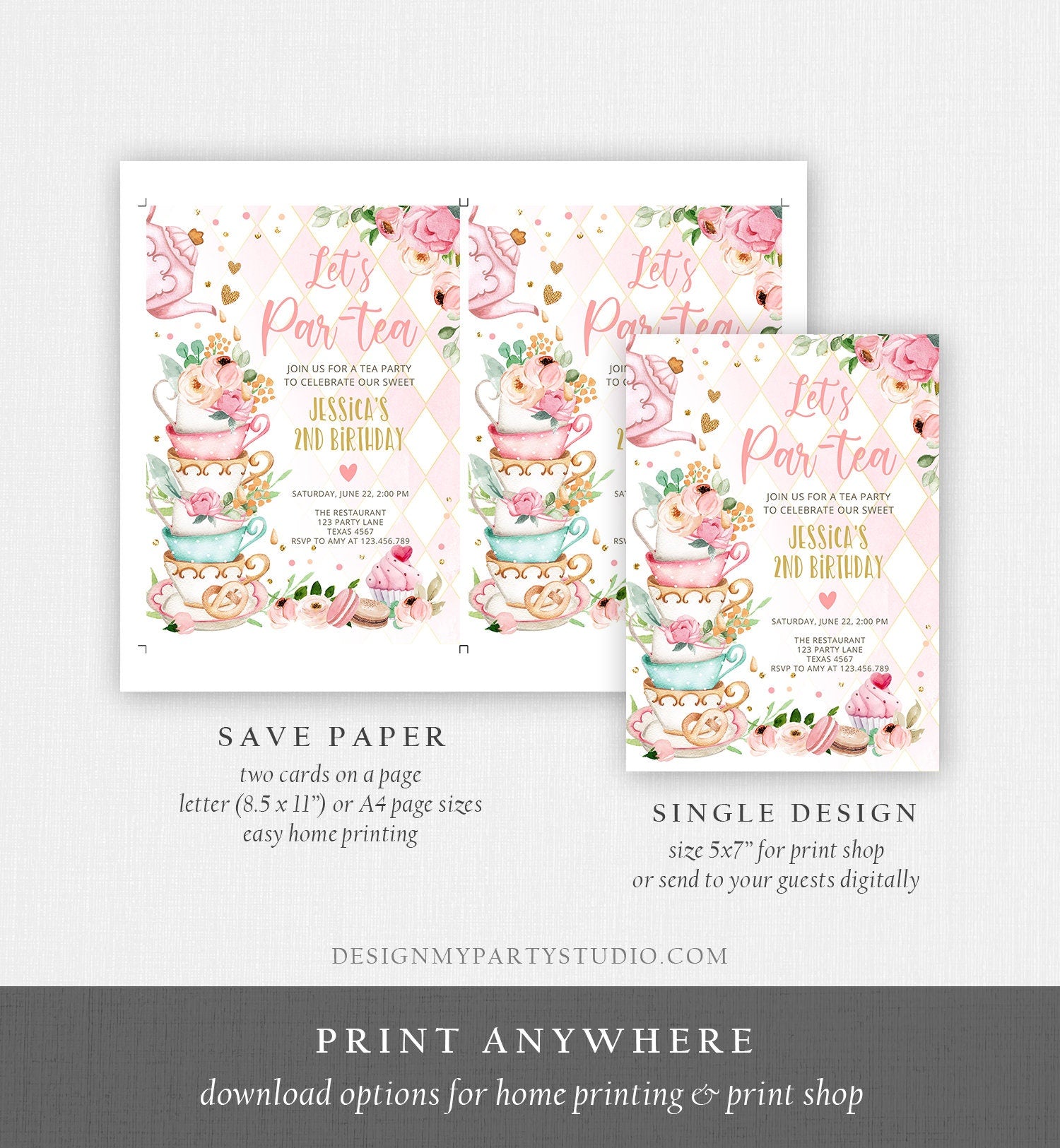Editable Tea Party Birthday Invitation Girl Par-Tea Invite Floral Pink Gold Whimsical Tea Download Printable Template Corjl Digital 0349