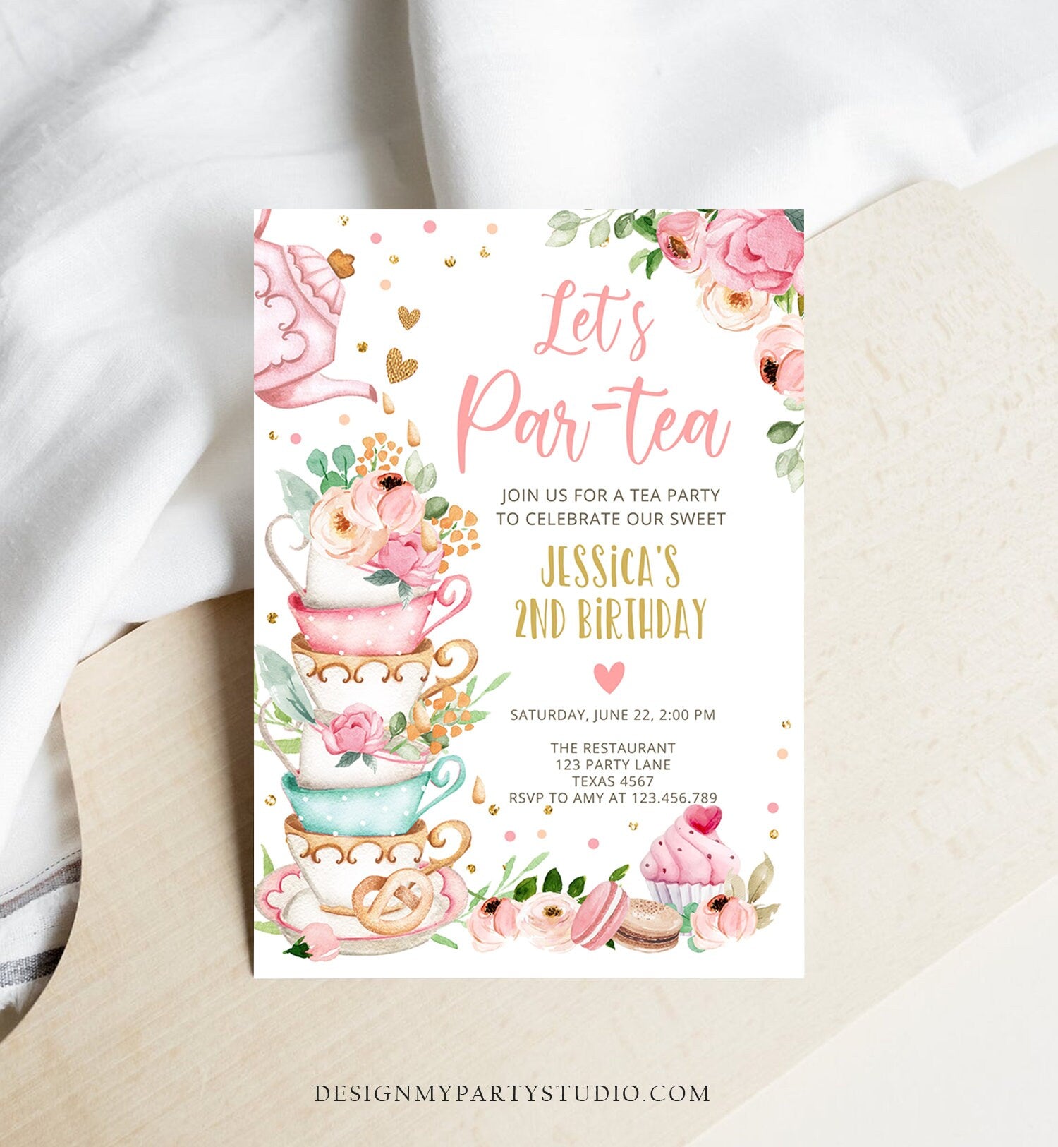 Editable Tea Party Birthday Invitation Girl Par-Tea Invite Floral Pink Gold Whimsical Tea Download Printable Template Corjl Digital 0349