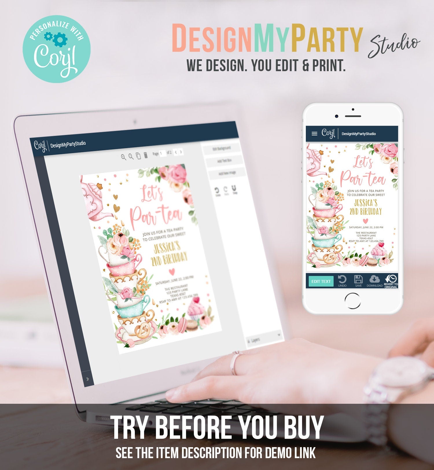 Editable Tea Party Birthday Invitation Girl Par-Tea Invite Floral Pink Gold Whimsical Tea Download Printable Template Corjl Digital 0349