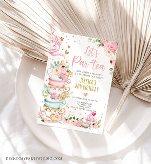 Editable Tea Party Birthday Invitation Girl Par-Tea Invite Floral Pink Gold Whimsical Tea Download Printable Template Corjl Digital 0349