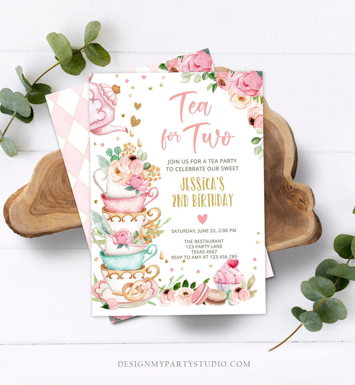 Editable Tea for Two Birthday Invitation Girl Tea Party Invite Pink Gold Floral Peach Pink Download Printable Template Corjl Digital 0349
