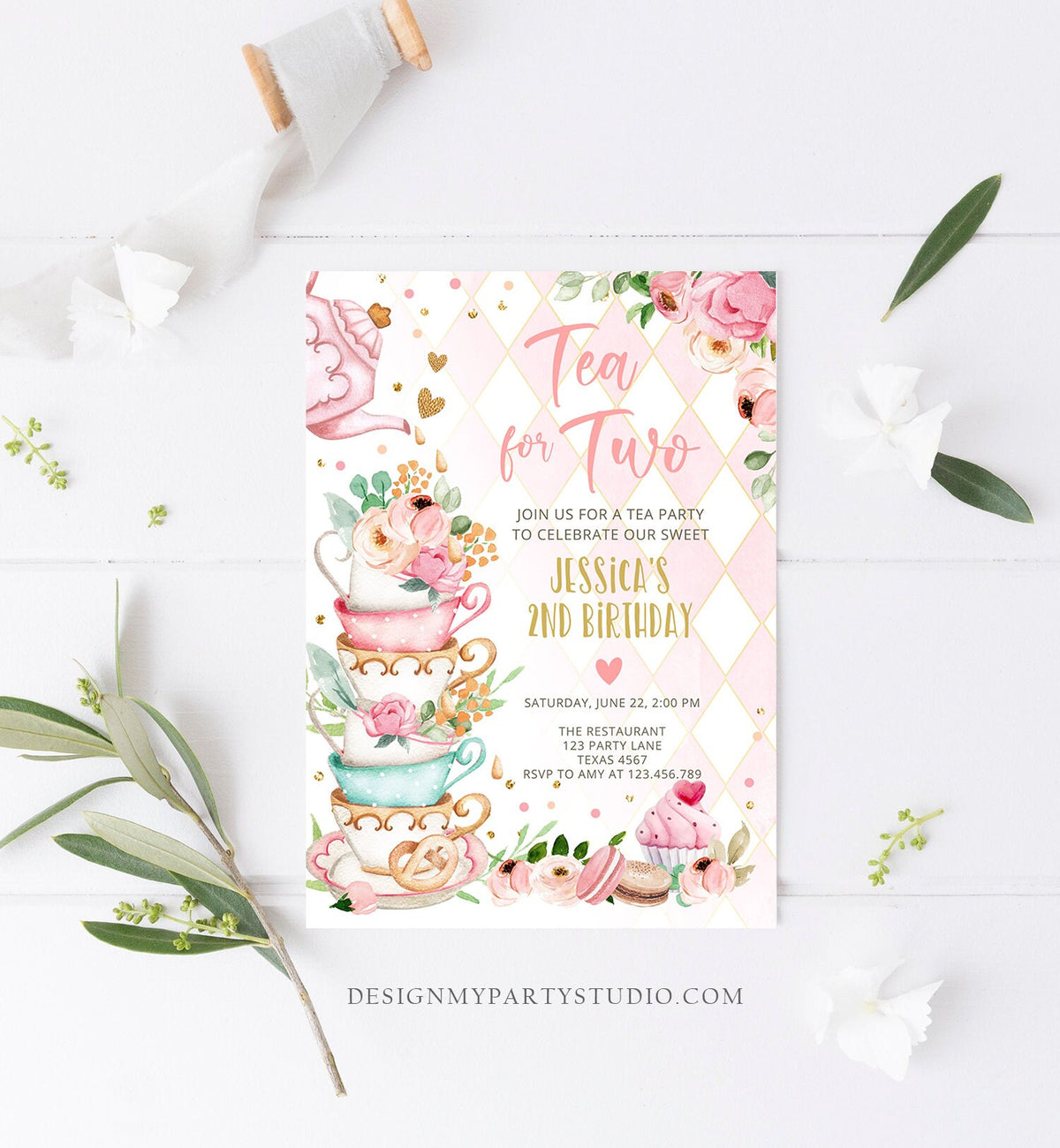 Editable Tea for Two Birthday Invitation Girl Tea Party Invite Pink Gold Floral Peach Pink Digital Download Evite Template Printable 0349