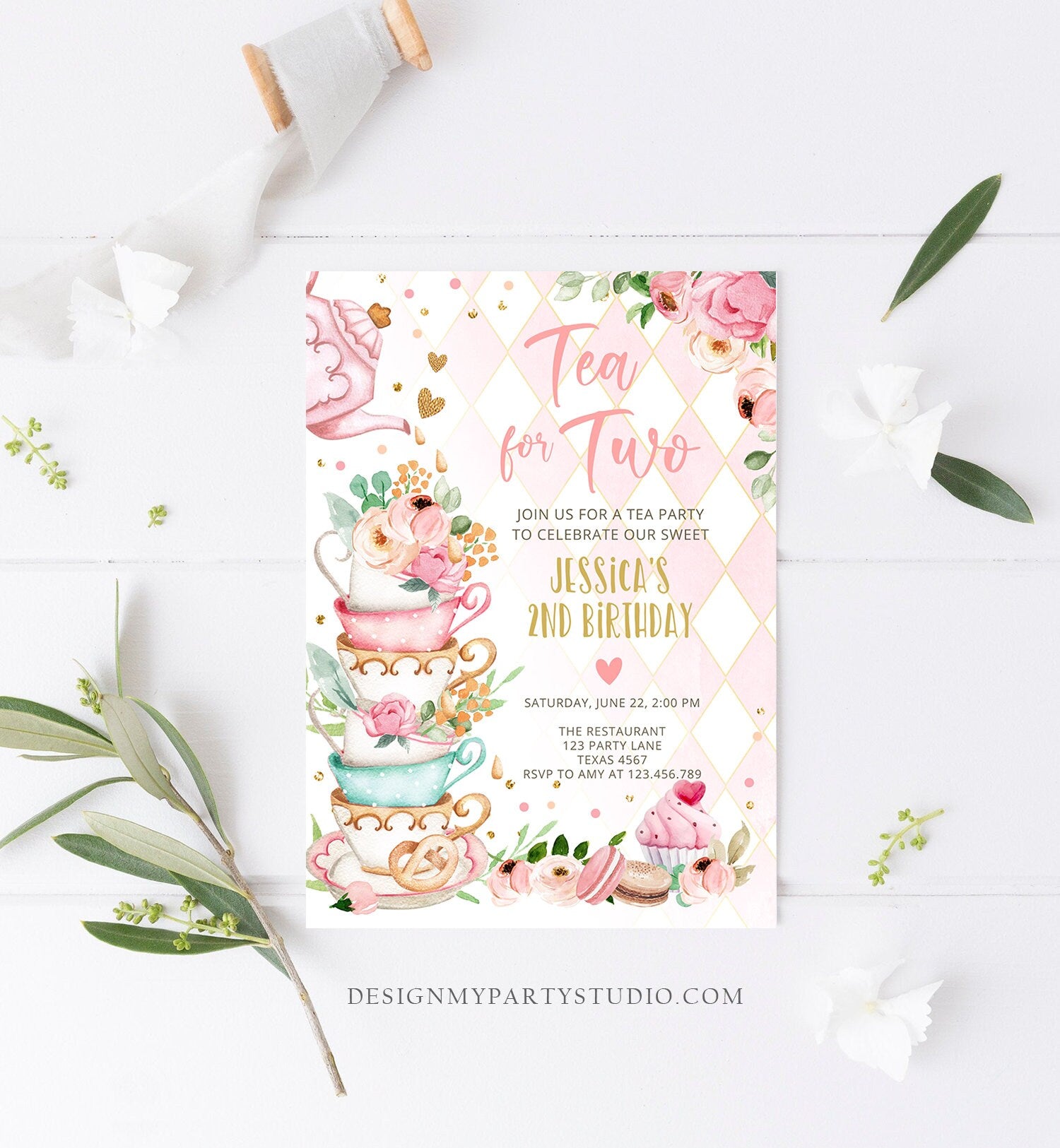 Editable Tea for Two Birthday Invitation Girl Tea Party Invite Pink Gold Floral Peach Pink Digital Download Evite Template Printable 0349
