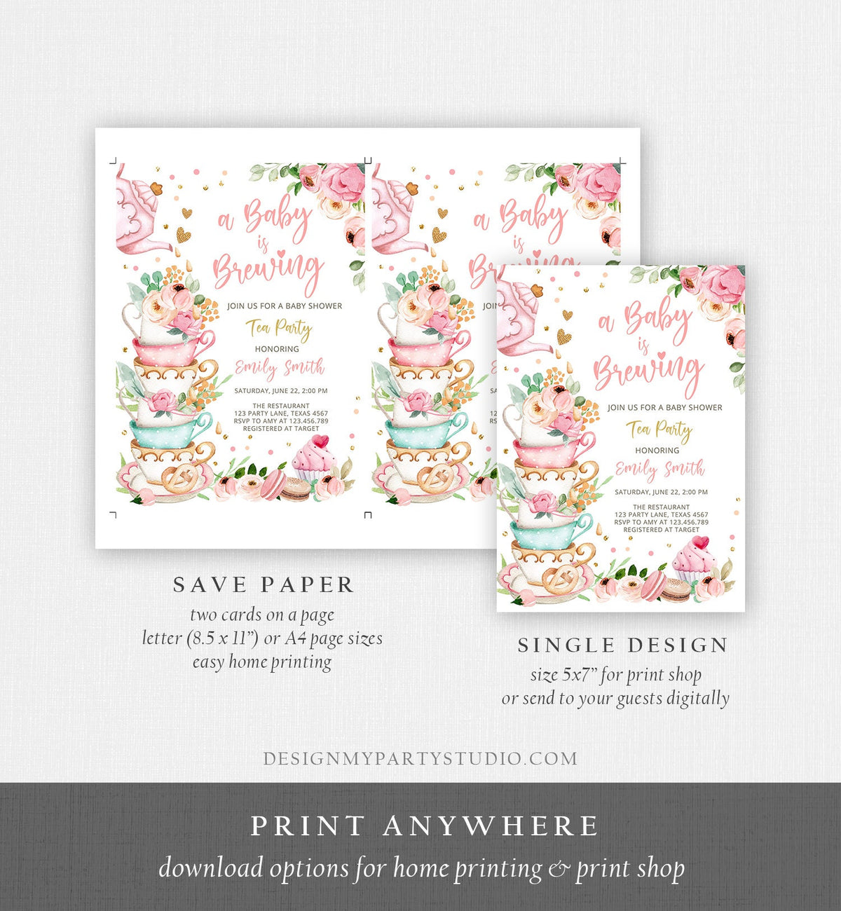 Editable Tea Party Baby Shower Invitation Tea Shower Sprinkle Floral Pink Gold Blush Brunch Bubbly Digital Download Template Printable 0349