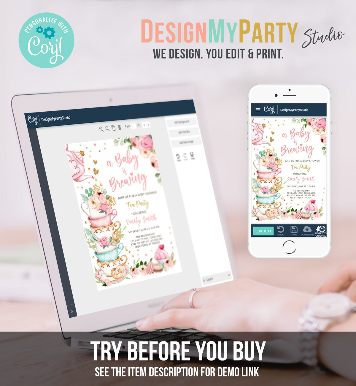 Editable Tea Party Baby Shower Invitation Tea Shower Sprinkle Floral Pink Gold Blush Brunch Bubbly Digital Download Template Printable 0349