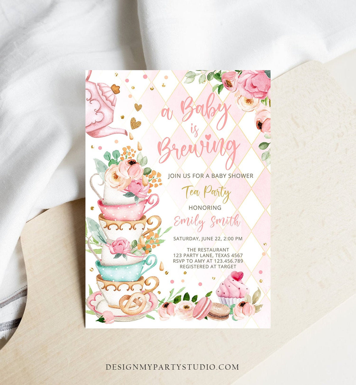 Editable Tea Party Baby Shower Invitation Tea Shower Sprinkle Floral Pink Gold Blush Brunch Bubbly Download Evite Template Printable 0349