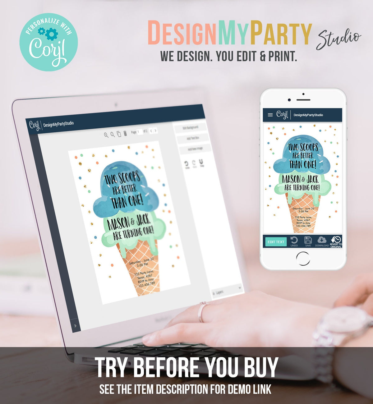 Editable Twin Ice Cream Birthday Invitation First Birthday Two is Better Than One Yellow Mint Joint Boy Blue Digital Template Printable 0243