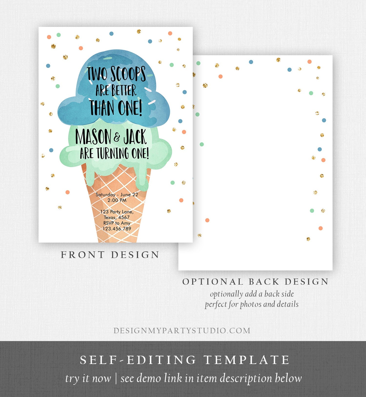 Editable Twin Ice Cream Birthday Invitation First Birthday Two is Better Than One Yellow Mint Joint Boy Blue Digital Template Printable 0243