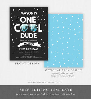 Editable One Cool Dude 1st Birthday Invitation Boy First Birthday Party Sunglasses Pilot Pool Cool One Palm Printable Corjl Template 0136