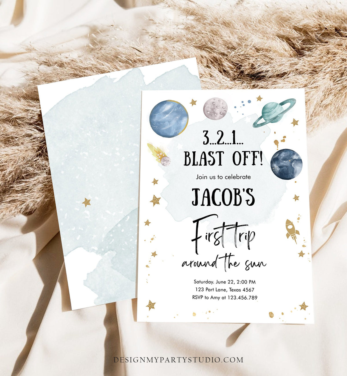 Editable Outer Space First Birthday Invitation Galaxy Blast Off First Trip Around the Sun Digital Download Evite Template Printable 0357