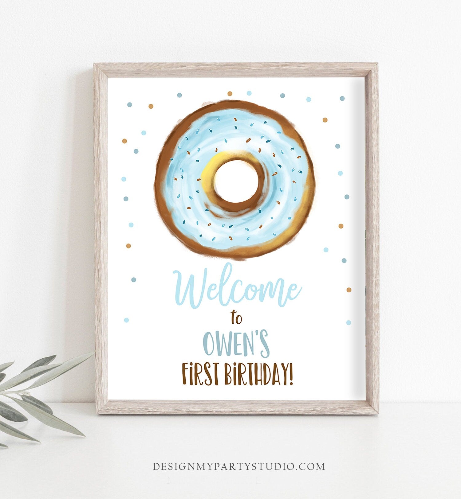 Editable Donut Welcome Sign Donut Birthday Party Boy Blue Doughnut Baby Shower Two Sweet Sprinkle Watercolor Pastel Corjl Template 0368