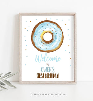 Editable Donut Welcome Sign Donut Birthday Party Boy Blue Doughnut Baby Shower Two Sweet Sprinkle Watercolor Pastel Corjl Template 0368