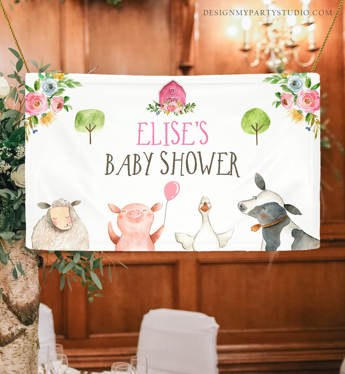 Editable Farm Backdrop Banner Pink Farm Baby Shower Girl Farm Animals Barnyard Birthday Decorations Download Corjl Template Printable 0155