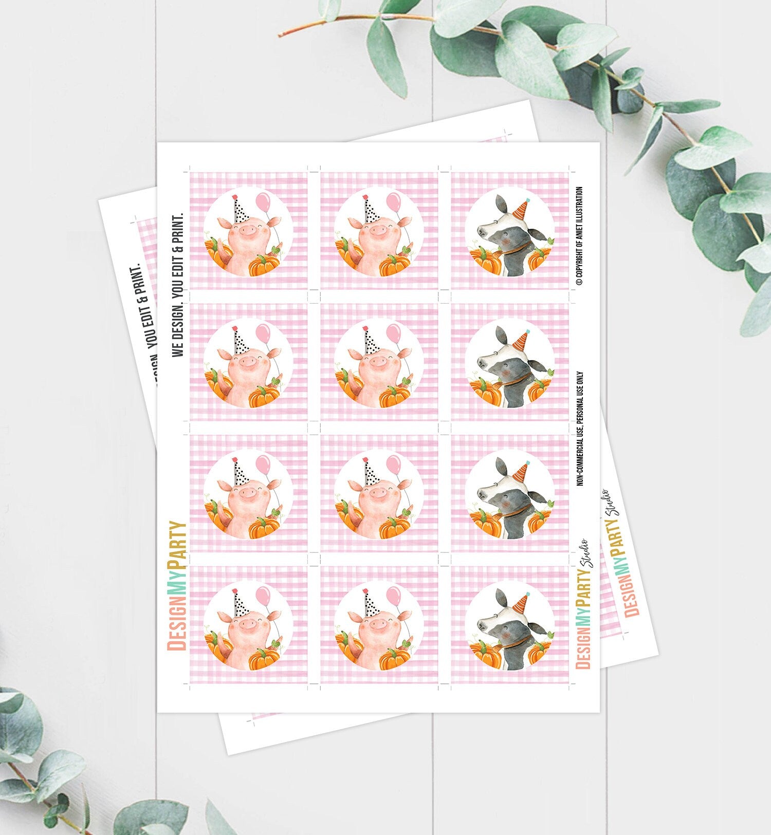 Farm Animals Cupcake Toppers Baby Shower Favor Tags Birthday Party Decoration Barnyard Girl Pink Stickers Digital Download Printable 0155